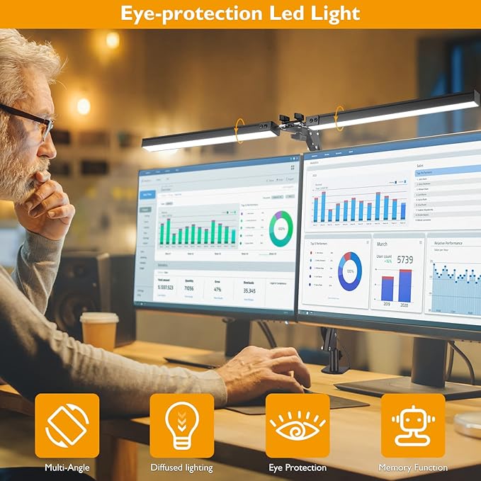 LED Desk Lamp with Clamp, Super Bright Double Head Desk Lamps for Home Office, 5 Color Modes, 10%~100% Dimmable Brightness, Architect Task Desk Light, Modern Swing Arm Workbench Desk Lighting - LeafyLoom