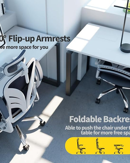 Ergonomic Office Chair with Foldable Backrest, Computer Desk Chair with Flip-up Armrests, Mesh Lumbar Support and 2D Headrest Big and Tall Office Chair, White - LeafyLoom
