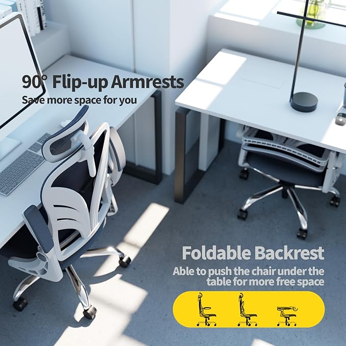 Ergonomic Office Chair with Foldable Backrest, Computer Desk Chair with Flip-up Armrests, Mesh Lumbar Support and 2D Headrest Big and Tall Office Chair, White - LeafyLoom
