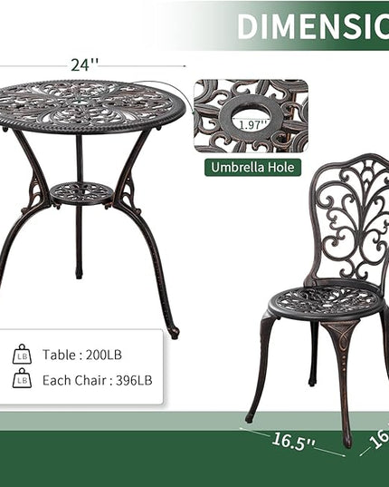 Outdoor Bistro Set 3 Piece Patio Bistro Set with Umbrella Hole, Weather Resistant Bistro Table and Chairs Set of 2 for Porch Garden, Bronze - LeafyLoom