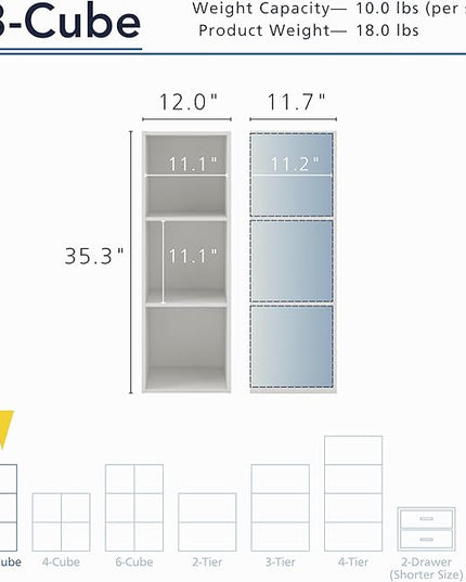 Apexa 3 Cube Storage Organizer Shelves, Stackable Wood Bookcase Fits Cubby Bins for Organization, Dorm Teen Room Decor & Home Office, White - LeafyLoom