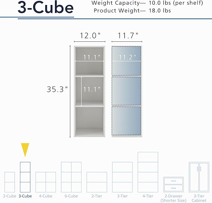 Apexa 3 Cube Storage Organizer Shelves, Stackable Wood Bookcase Fits Cubby Bins for Organization, Dorm Teen Room Decor & Home Office, White - LeafyLoom