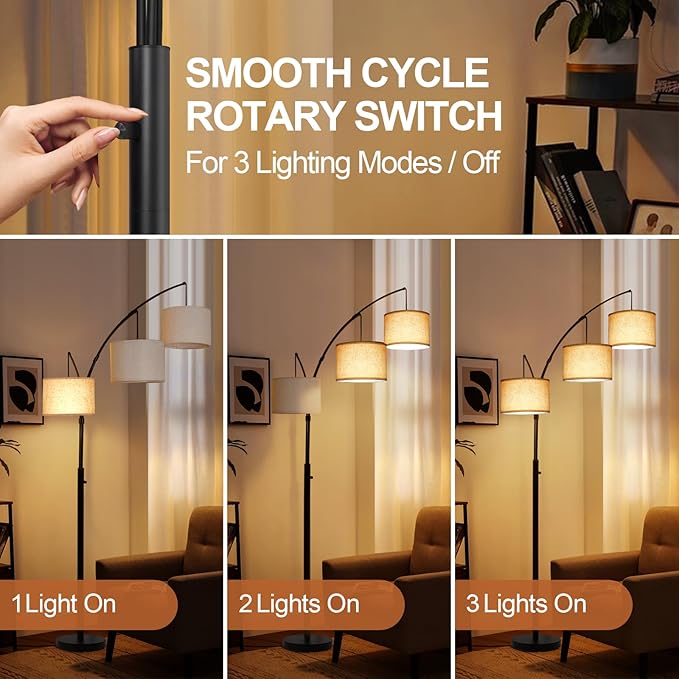 OUTON Arc Led Floor Lamp, Modern Black 3 Light Arched Tall Floor Lamp for Bedroom, 2400lm Mid Century Adjustable Standing Corner Lamps for Living Room Office, 3 LED Bulbs Included, Beige Lampshade - LeafyLoom
