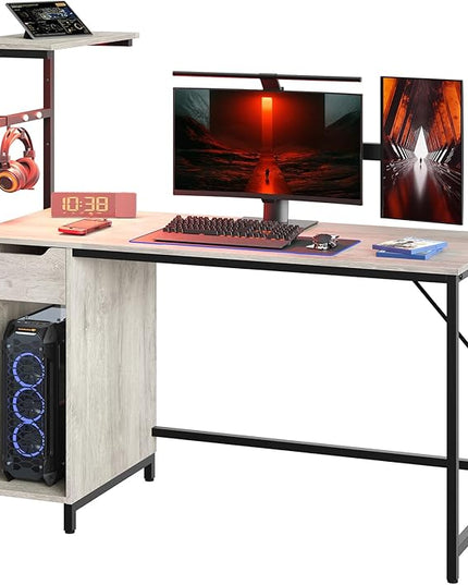 Bestier Gaming Desk with Drawer and LED Lights, 48 inch Computer Desk PC Table with Adjustable Storage Shelves & Hook for Home Office, Light Grey - LeafyLoom
