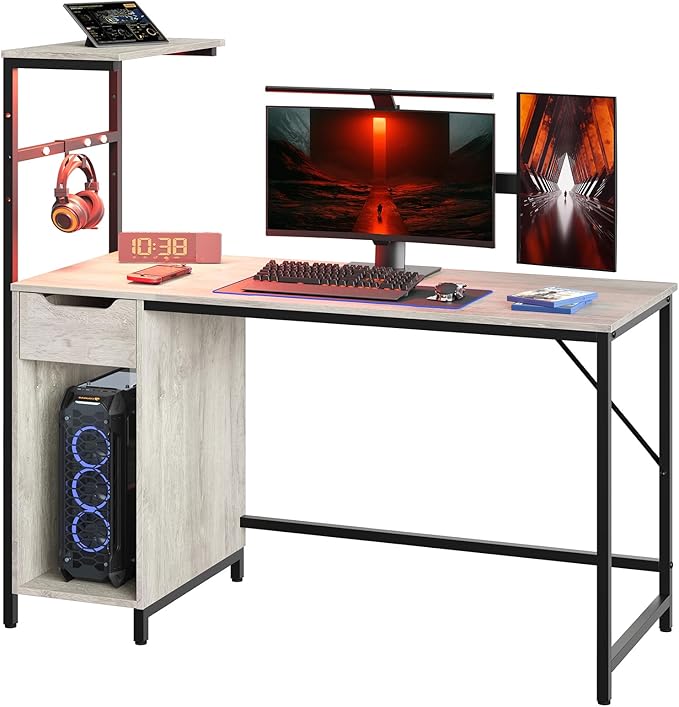 Bestier Gaming Desk with Drawer and LED Lights, 48 inch Computer Desk PC Table with Adjustable Storage Shelves & Hook for Home Office, Light Grey - LeafyLoom