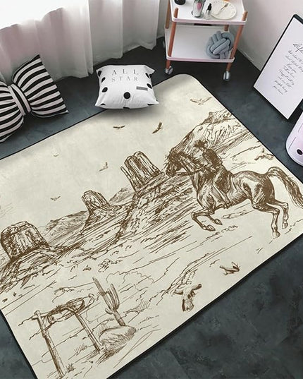 Western Rug 60x39 inch Cowboy Area Rugs Living Room Dorm Bedroom Floor Decor-American Cowboy Riding Horse in Wild West Eagle - LeafyLoom