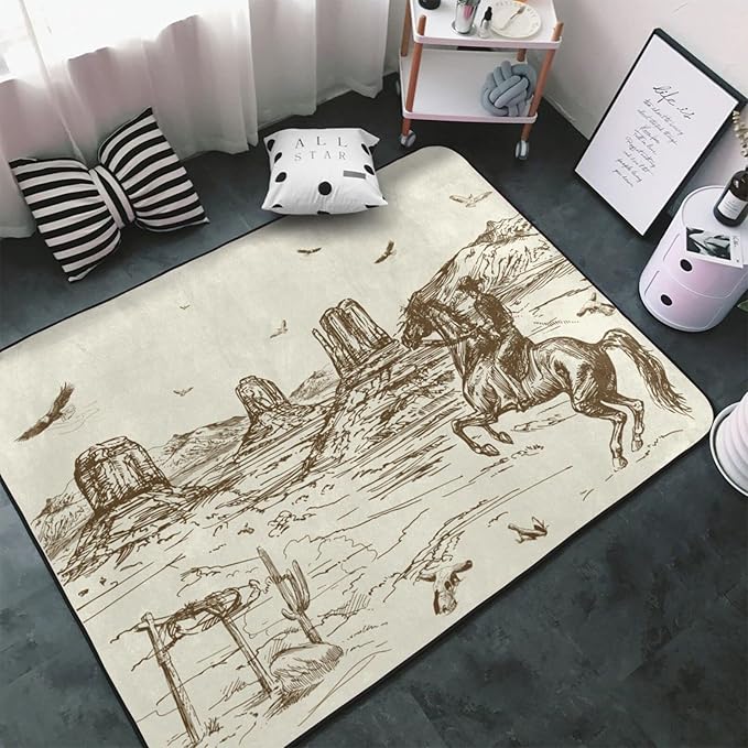 Western Rug 60x39 inch Cowboy Area Rugs Living Room Dorm Bedroom Floor Decor-American Cowboy Riding Horse in Wild West Eagle - LeafyLoom