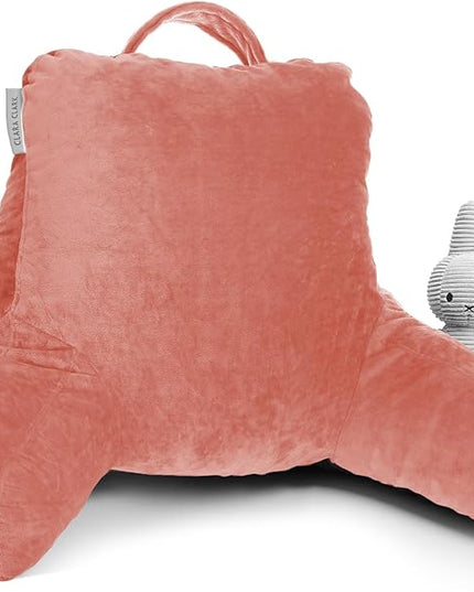 Clara Clark Reading Pillow for Kids, Small Back Pillow for Sitting Up in Bed, Memory Foam Back Support Pillow, Reading Pillows for Sitting in Bed, Misty Rose Gaming Pillow with Arms and Pockets - LeafyLoom