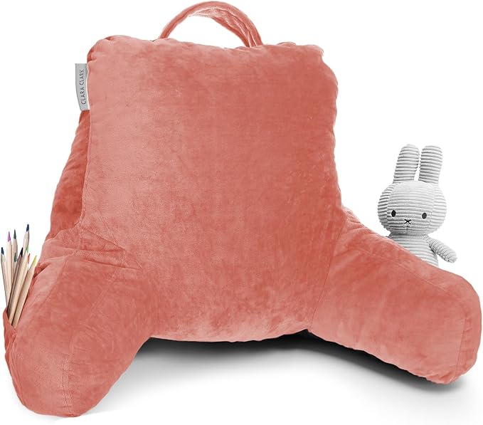 Clara Clark Reading Pillow for Kids, Small Back Pillow for Sitting Up in Bed, Memory Foam Back Support Pillow, Reading Pillows for Sitting in Bed, Misty Rose Gaming Pillow with Arms and Pockets - LeafyLoom