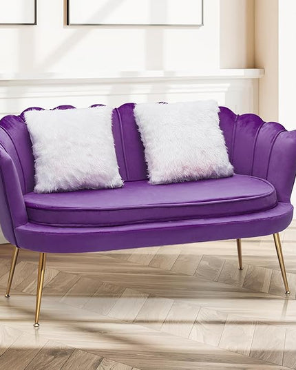 MoNiBloom 52" Purple Velvet Loveseat Sofa with 2 Pillows, Modern 2-Seater Sofa Upholstered Tufted Love Seat Couch with Golden Metal Legs for Living Room Conference Room, 300 Lbs Capacity - LeafyLoom