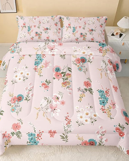 Floral Comforter Full Size,Pink Floral Kids Comforter Set,3Pcs Bedding Set Printed Comforter with 2 Pillowcases,Down Alternative,Soft and Lightweight,for All Seasons - LeafyLoom
