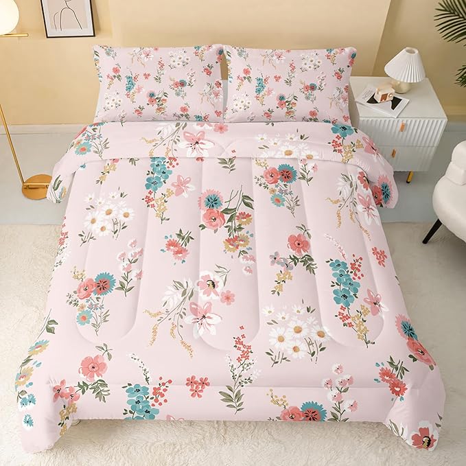 Floral Comforter Twin Size,Pink Floral Kids Comforter Set,3Pcs Bedding Set Printed Comforter with 2 Pillowcases,Down Alternative,Soft and Lightweight,for All Seasons - LeafyLoom
