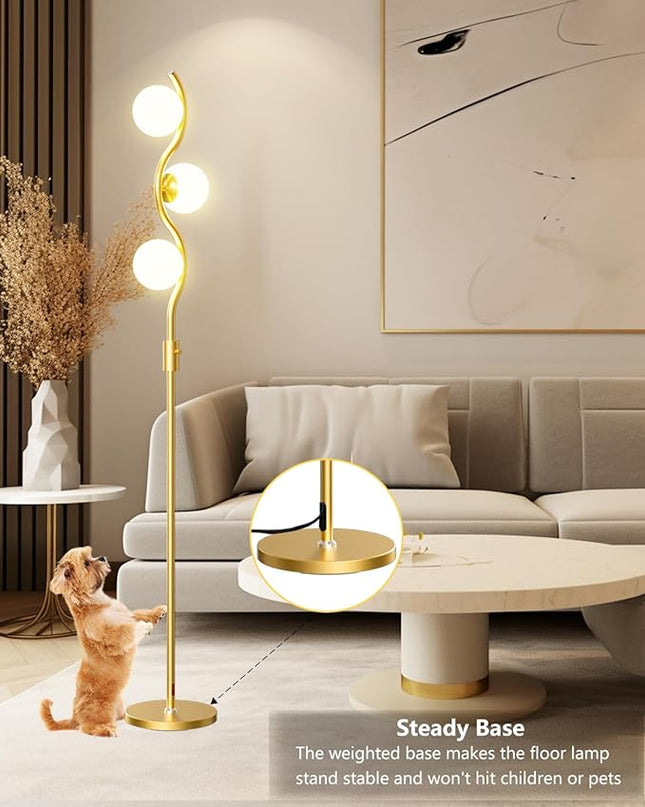 Lightdot 60IN Dimmable (Brightness Adjustable) Gold Floor Lamp, Mid Century Standing Lamps with 3 Globe Soft Warm White Eye Care 3000K Bulbs Included, Modern Tall Lamp for Bedroom Office - LeafyLoom