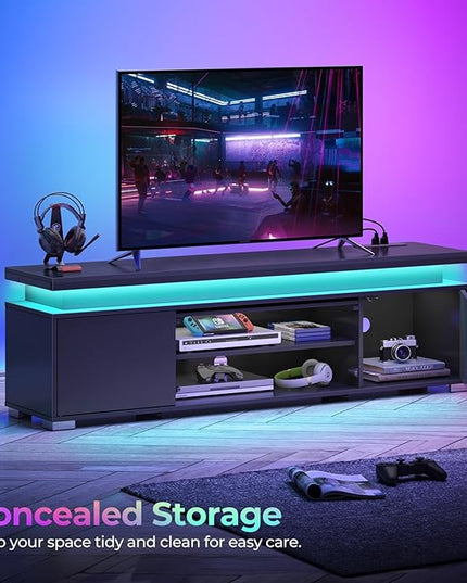 Rolanstar TV Stand with Power Outlet & LED Lights, Modern Entertainment Center for 32/43/50/55/65 Inchs TVs, TV Table, Universal Gaming LED TV Media Stand with Large Storage Cabinet, Black - LeafyLoom