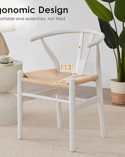 Farini Rattan Chairs for Dining Room Wishbone Chair Solid Wood Armchairs Y Shaped Backrest Hemp Seat for Home Restaurant Fully-Assembled(Set of 2,White-Beige Seat) - LeafyLoom