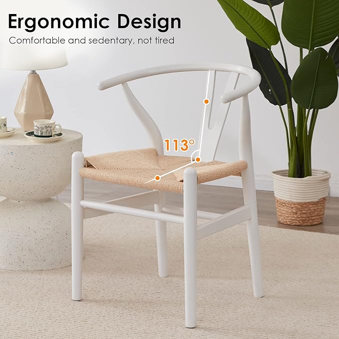 Farini Rattan Chairs for Dining Room Wishbone Chair Solid Wood Armchairs Y Shaped Backrest Hemp Seat for Home Restaurant Fully-Assembled(Set of 2,White-Beige Seat) - LeafyLoom