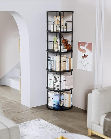 5 Tier Rotating Bookshelf, 360 ° Display Stackable Spinning Bookshelf Tower, Narrow Space Saving Tall Floor Standing Swivel Bookcase Corner Storage Organizer for Bedroom, Living Room, Black - LeafyLoom