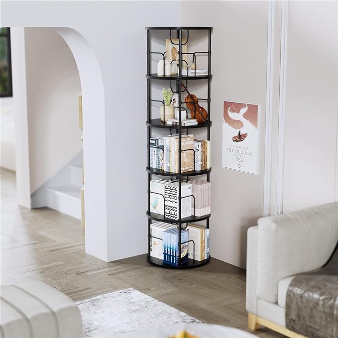 5 Tier Rotating Bookshelf, 360 ° Display Stackable Spinning Bookshelf Tower, Narrow Space Saving Tall Floor Standing Swivel Bookcase Corner Storage Organizer for Bedroom, Living Room, Black - LeafyLoom