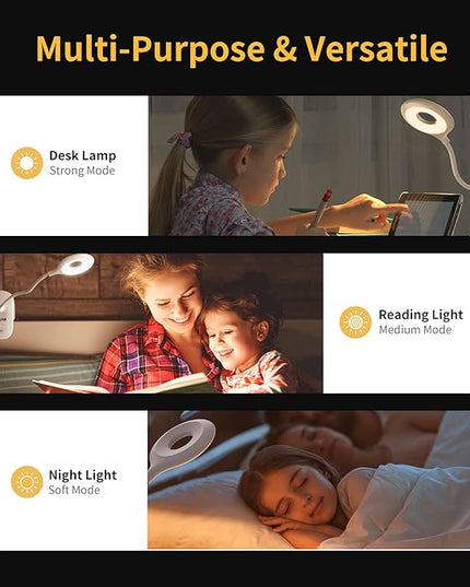 Clip on Light for Bed & Desk, Reading in Bed, Dorm, Flexible Gooseneck, Battery Operated Rechargeable Clamp Lamp for Headboard, Eye-Caring LED Light with 3 Brightness Modes - LeafyLoom