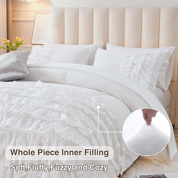 A Nice Night Waterfall Flutter Ruffle Comforter Set,Ruffled Textured Soft Chic Princess 6pcs Bedding Set,with Bling Shiny Sequin Throw Pillow Case,White,Full - LeafyLoom