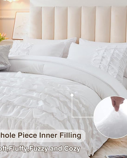 A Nice Night Waterfall Flutter Ruffle Comforter Set,Ruffled Textured Soft Chic Princess 6pcs Bedding Set,with Bling Shiny Sequin Throw Pillow Case,White,Twin - LeafyLoom