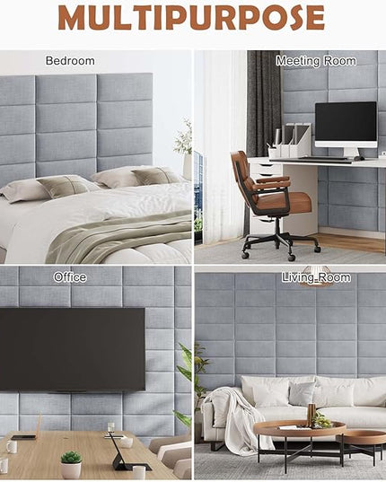 Upholstered Wall Mounted Headboard, 3D Soundproof Wall Panels Peel and Stick Headboard for Queen Size, Reusable and Removable Tufted Bed Headboard in Light Grey(6 Panels, 10" x 24") - LeafyLoom