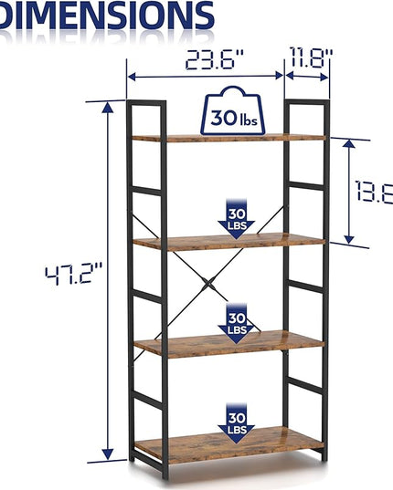 NUMENN 4 Tier Bookshelf, Tall Bookcase Shelf Storage Organizer, Modern Book Shelf for Bedroom, Living Room and Home Office, Vintage - LeafyLoom