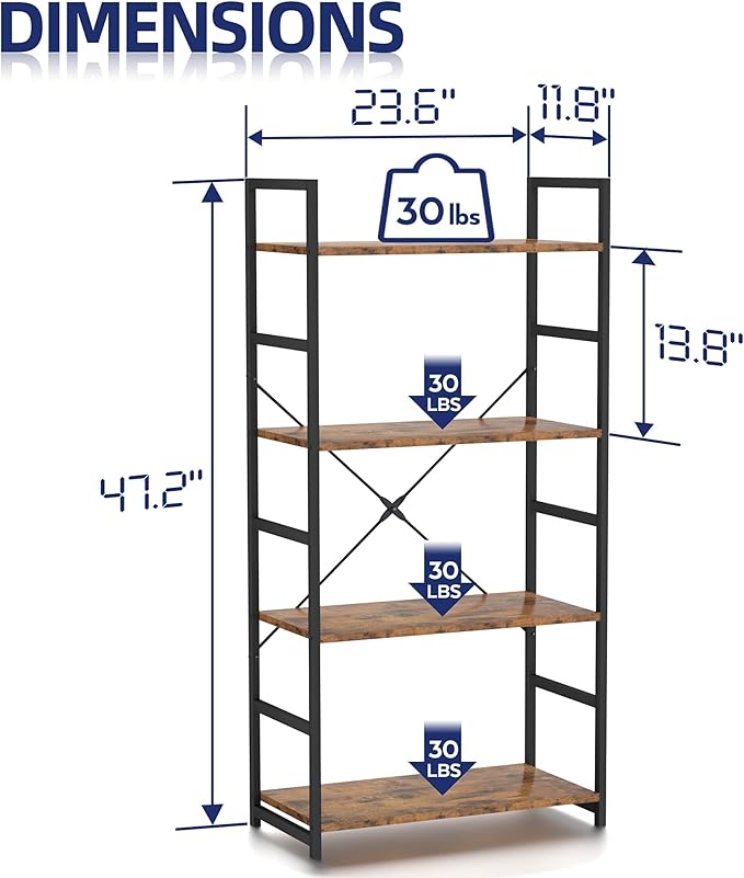 NUMENN 4 Tier Bookshelf, Tall Bookcase Shelf Storage Organizer, Modern Book Shelf for Bedroom, Living Room and Home Office, Vintage - LeafyLoom