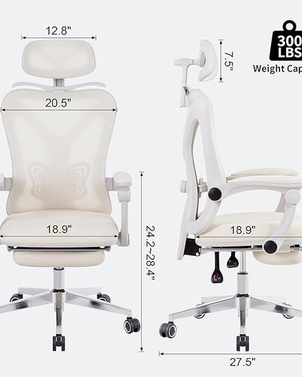 Ergonomic Office Chair with Footrest, Mesh Home Office Desk Chair with Adjustable Lumbar Support and Headrest, Comfortable Gaming Computer Chair for Study Work(Cream) - LeafyLoom