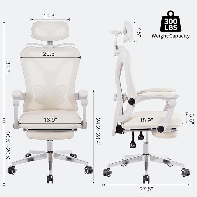 Ergonomic Office Chair with Footrest, Mesh Home Office Desk Chair with Adjustable Lumbar Support and Headrest, Comfortable Gaming Computer Chair for Study Work(Cream) - LeafyLoom