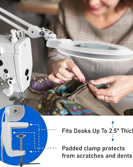 Desk Magnifying Glass with Light - DAEV - 7" Large LED Magnifying Glass with Clamp, Easy Change 5D (2.25X) and 3D (1.75X) Glass. 1600 Lumen, 6500K CCT Dimmable LED Magnifier with Light, White - LeafyLoom