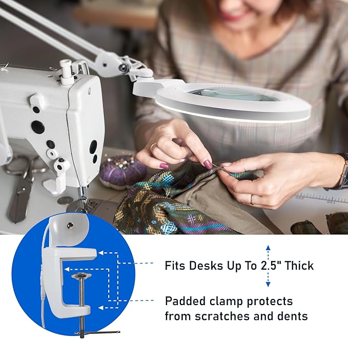 Desk Magnifying Glass with Light - DAEV - 7" Large LED Magnifying Glass with Clamp, Easy Change 5D (2.25X) and 3D (1.75X) Glass. 1600 Lumen, 6500K CCT Dimmable LED Magnifier with Light, White - LeafyLoom