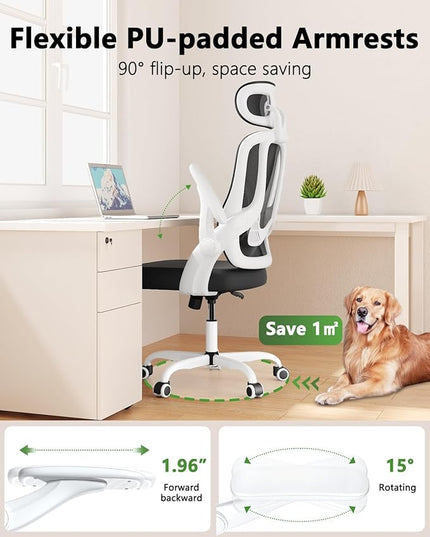 Home Office Desk Chairs, High Back Ergonomic Computer Chair with Flip-up Armrests, Lumbar Support, Mesh Executive Task Chair with Adjustable Headrest, White - LeafyLoom