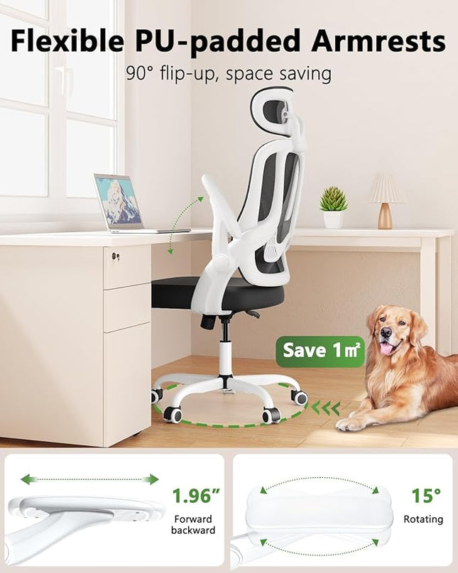 Home Office Desk Chairs, High Back Ergonomic Computer Chair with Flip-up Armrests, Lumbar Support, Mesh Executive Task Chair with Adjustable Headrest, White - LeafyLoom
