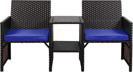Shintenchi Wicker Patio Conversation Furniture Set with Detachable Chairs & Table and Two Removable Cushions,Rattan Wicker Lover Chair for Patio,Garden, Courtyard and Lawn Backyard (Deep Blue) - LeafyLoom