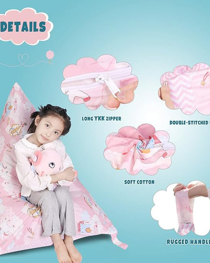 Stuffed Animal Storage Bean Bag Chair Cover, Cotton Pink Unicorn Plush Toy Storage Stuff and Sit Seat for Kids/Teens/Adults, 52" x 31" Extra Large Triangle Floor Sofa, 200L/52Gal, Cover Only - LeafyLoom