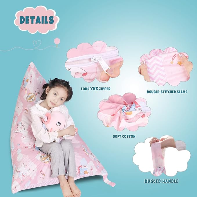Stuffed Animal Storage Bean Bag Chair Cover, Cotton Pink Unicorn Plush Toy Storage Stuff and Sit Seat for Kids/Teens/Adults, 52" x 31" Extra Large Triangle Floor Sofa, 200L/52Gal, Cover Only - LeafyLoom