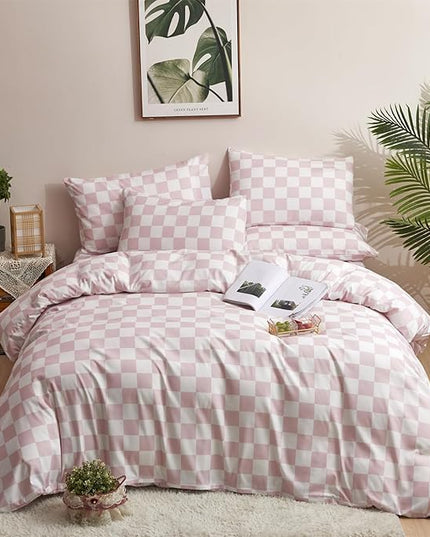 Pink White Grid Comforter Set King Pink Plaid Bedding Set Women Pink and White Checkered Bed Comforter Set Breathable Blanket Set Men Durable Bedding Comforter Set - LeafyLoom