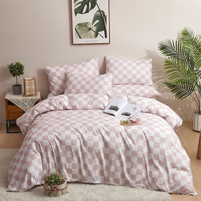 Pink White Grid Comforter Set King Pink Plaid Bedding Set Women Pink and White Checkered Bed Comforter Set Breathable Blanket Set Men Durable Bedding Comforter Set - LeafyLoom