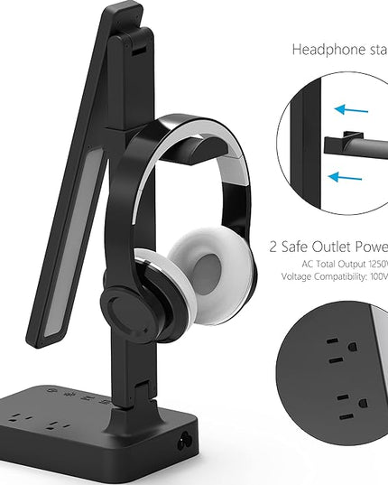 Drevet LED Desk Lamp with Headphone Stand, Desk Light with 1 USB Charging Port and 2 AC Power Outlet, 3 Lighting Modes, 3 Level Brightness,1H Timer, Memory Function, Eye-Caring Gaming Desk Lamp - LeafyLoom