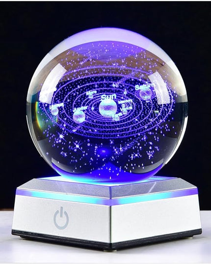 3D Crystal Ball Solar System Model, with Led Lamp Stand, 3.15'' Galaxy Planets Glass Ball Decor, Engraved Crystal Sphere with Gift Box, 6 Color Light, Romantic Gifts for Kids Friends - LeafyLoom
