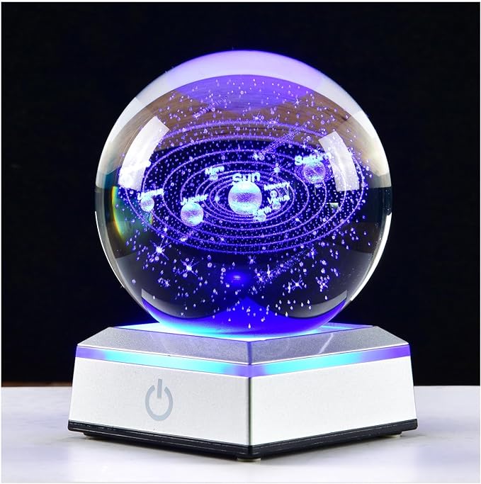 3D Crystal Ball Solar System Model, with Led Lamp Stand, 3.15'' Galaxy Planets Glass Ball Decor, Engraved Crystal Sphere with Gift Box, 6 Color Light, Romantic Gifts for Kids Friends - LeafyLoom