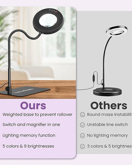 EASYINBEAUTY 10X Magnifying Glass with Light and Stand, 5 Color Modes & 9-Level Dimmable, 2-in-1 LED Magnifying Desk Lamp with Clamp, Gooseneck Magnifying Light for Crafts Hands Free, Close Work, Read - LeafyLoom