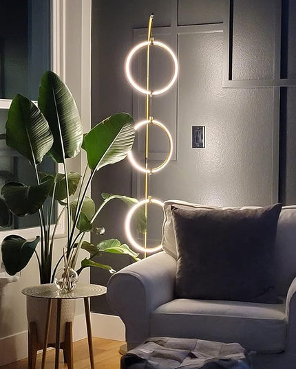 Brightech Nova Modern Floor Lamp - Contemporary Arc Tall Lamp with 3-Circle Ring-Style Pendant - Over the Couch Standing Lamp on Arching Pole - Eclectic Tall Lamp Matches Living Room Décor - Gold - LeafyLoom