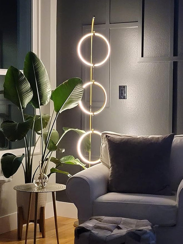 Brightech Nova Modern Floor Lamp - Contemporary Arc Tall Lamp with 3-Circle Ring-Style Pendant - Over the Couch Standing Lamp on Arching Pole - Eclectic Tall Lamp Matches Living Room Décor - Gold - LeafyLoom