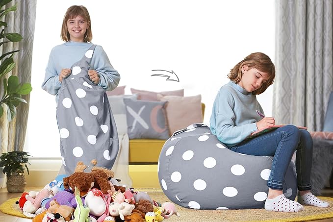 Aubliss Stuffed Animal Bean Bag Storage Chair (Grey Dot, X-Large (48'')) - LeafyLoom