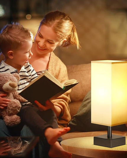 Grey Small Table Lamp for Bedroom - Bedside Lamps for Nightstand, Minimalist Night Stand Light Lamp with Square Fabric Shade, Desk Reading Lamp for Kids Room Living Room Office - LeafyLoom