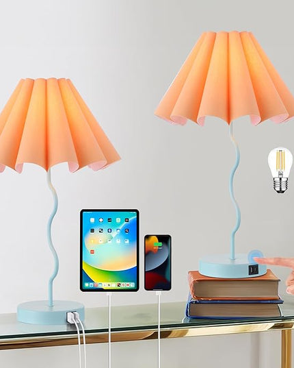 Modern Table Lamp for Bedroom Nightstand Touch Lamps Set of 2 Orange Blue Lamps for Living Room End Table Dimmable Table Lamp with USB Port and Outlet - LeafyLoom
