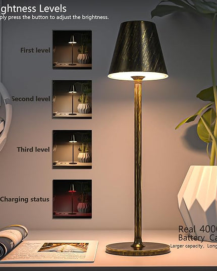 LED CordlessTable Lamp,4000mAh Rechargeable Battery Desk lamp,3 Level Brightness Night Light, Minimalist Design, for Couple Dinner/Coffee Table/Restaurant/Bedroom(Vintage Copper) - LeafyLoom