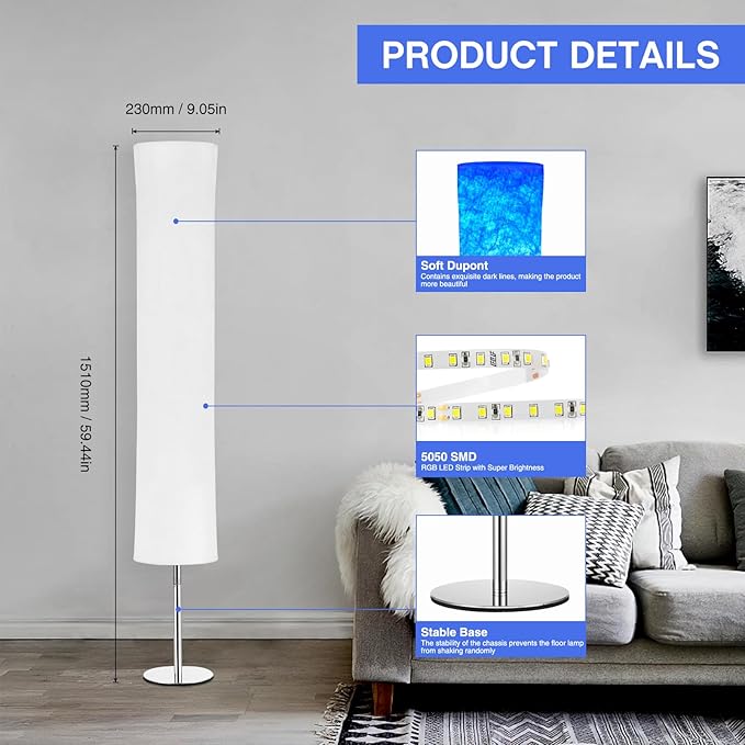 Smart Corner Floor Lamp - 60" LED RGB Standing Lamp Mood Lighting Color Changing Floor Lamps Light for Living Room Bedroom Decor with Alexa Google Assistant WiFi(Chromed) - LeafyLoom